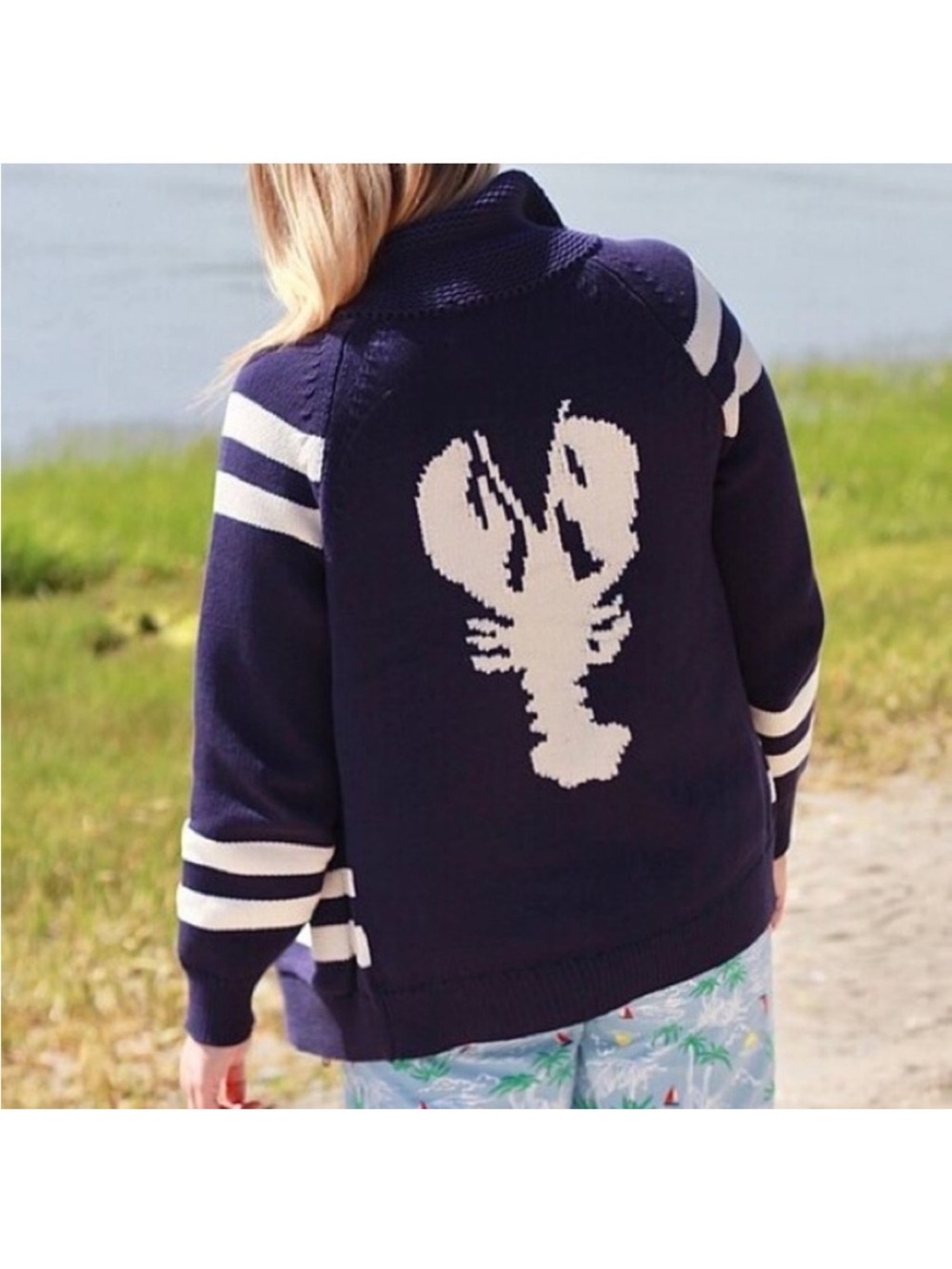 J Crew Navy and White Knit Zip Cardigan with Lobster Back— Womens XXS